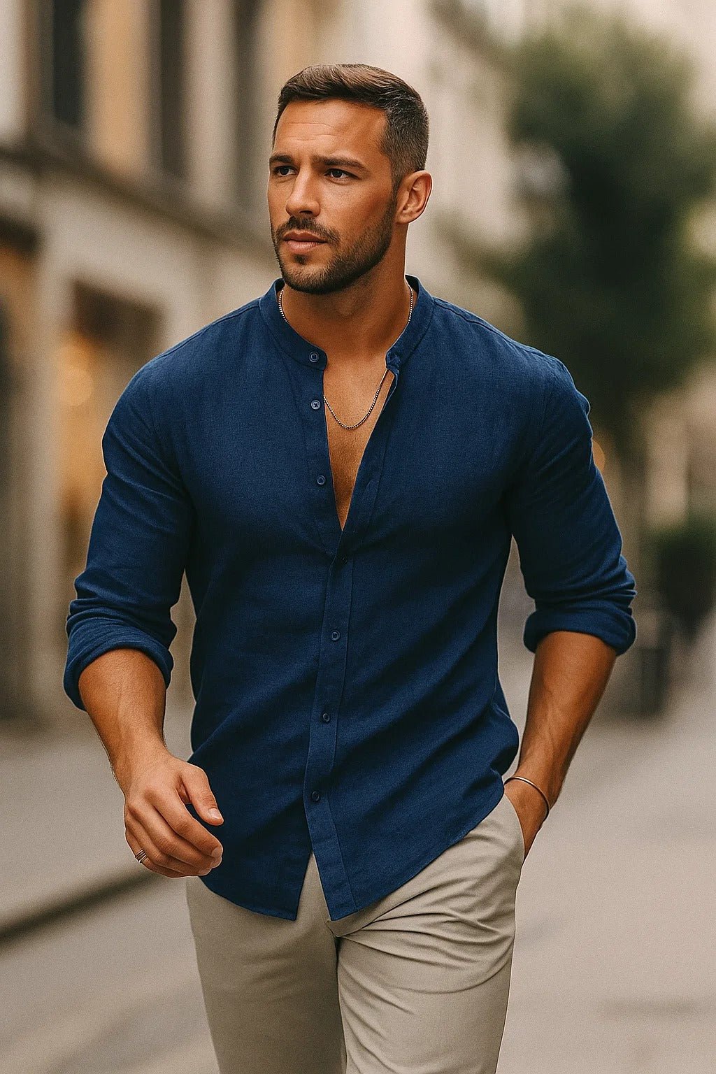 Herren Leinen Langarm-Hemd mit Grandad-Kragen - Blue