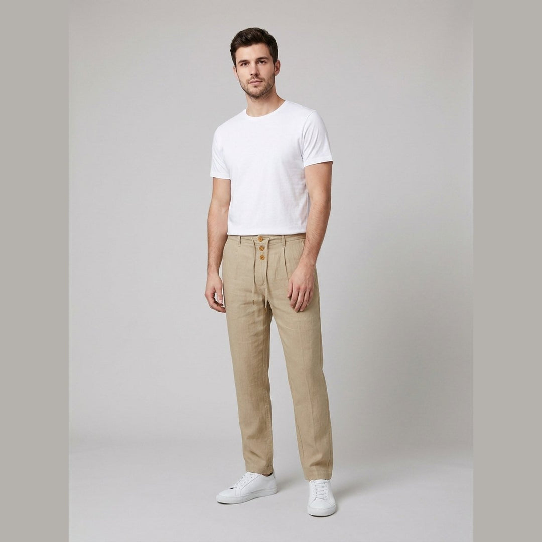 Herren Leinen Relaxed-Fit Bundfalten-Hose mit Kordelzug - Khaki