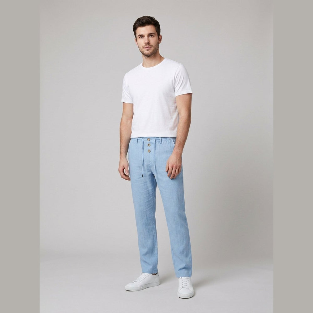 Herren Leinen Relaxed-Fit Bundfalten-Hose mit Kordelzug - Light Blue