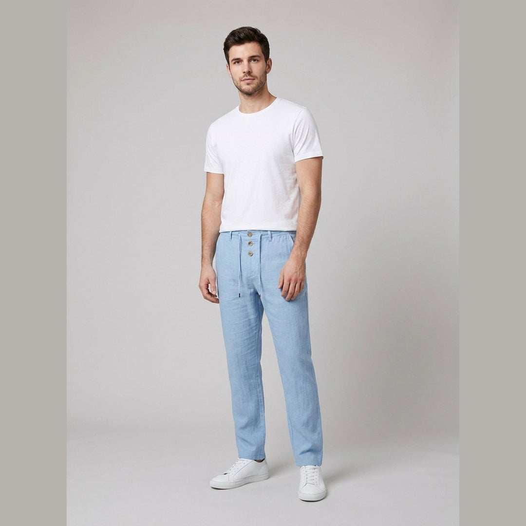 Herren Leinen Relaxed-Fit Bundfalten-Hose mit Kordelzug - Light Blue