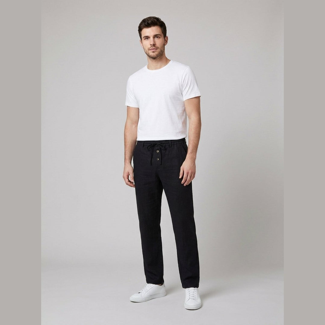 Herren Leinen Relaxed-Fit Bundfalten-Hose mit Kordelzug - Black