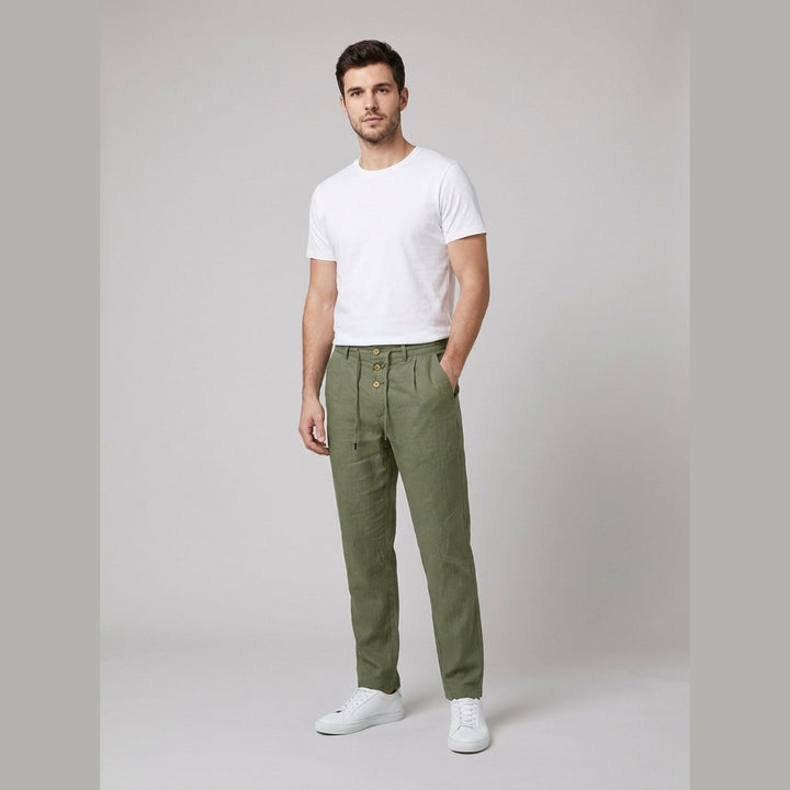 Herren Leinen Relaxed-Fit Bundfalten-Hose mit Kordelzug - Army Green