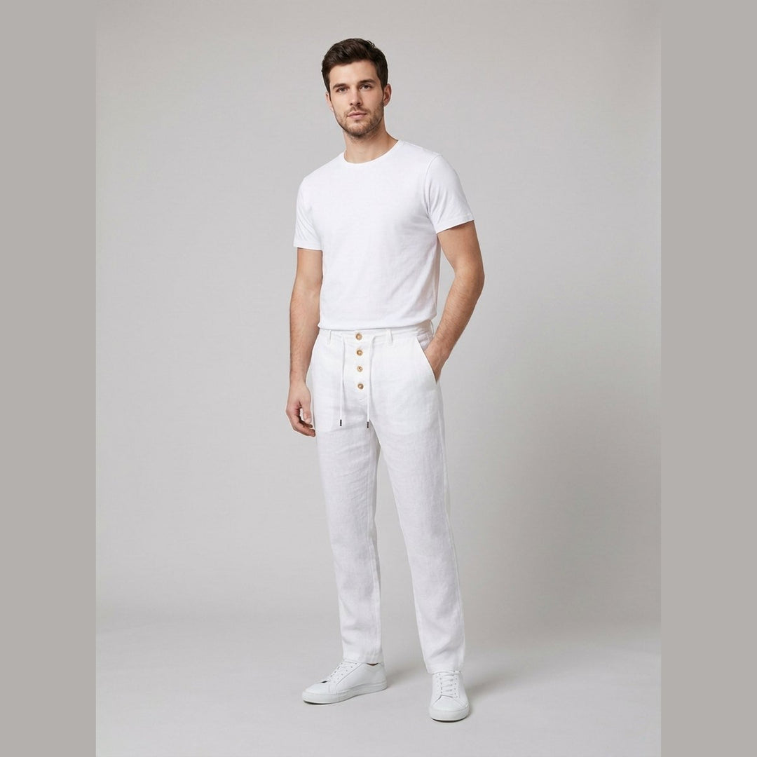 Herren Leinen Relaxed-Fit Bundfalten-Hose mit Kordelzug - White