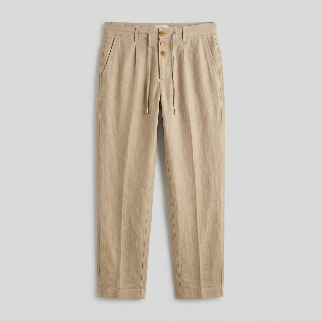 Herren Leinen Relaxed-Fit Bundfalten-Hose mit Kordelzug