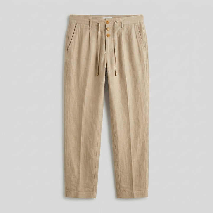 Herren Leinen Relaxed-Fit Bundfalten-Hose mit Kordelzug