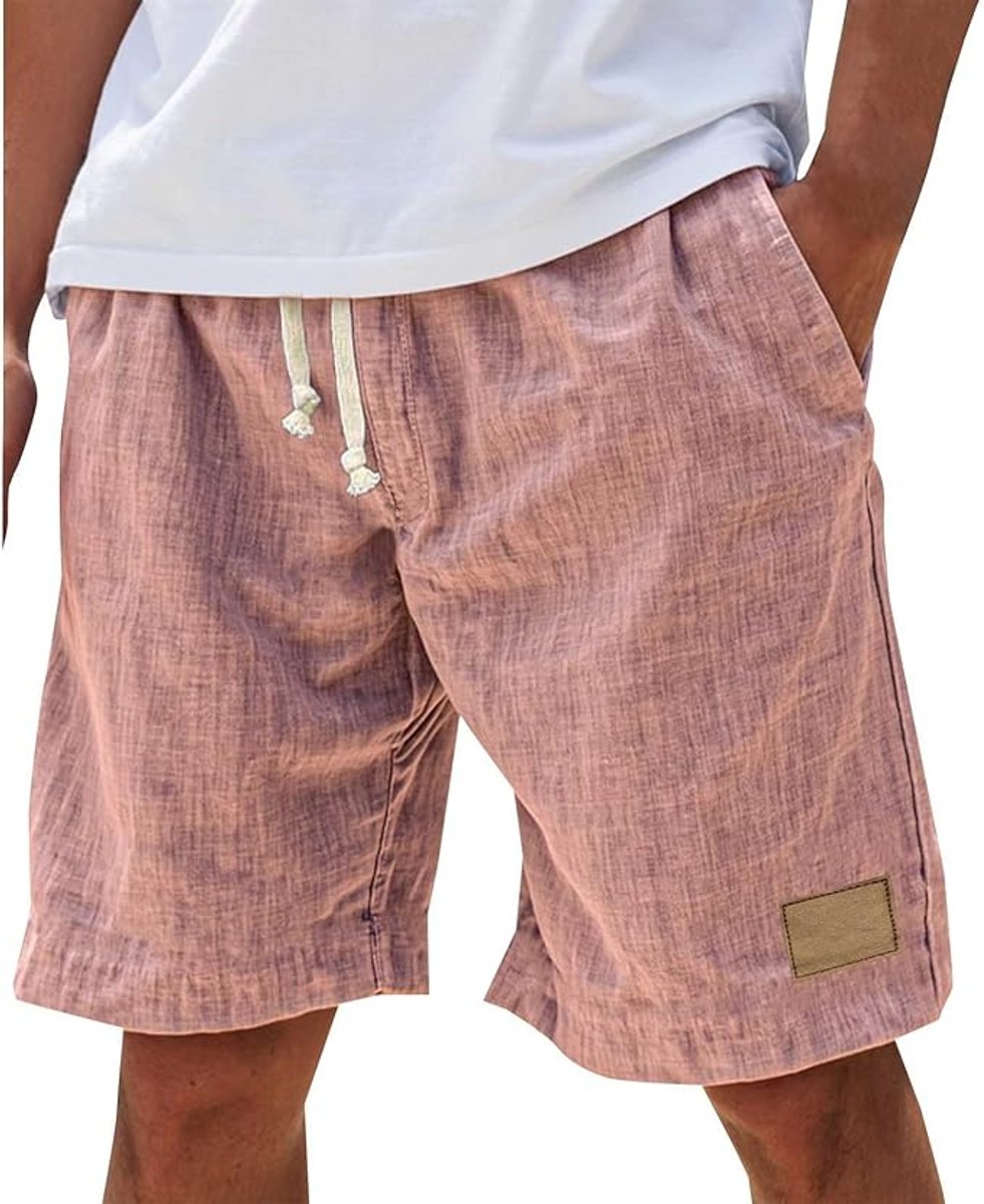 Herren Leinen-Shorts mit elastischem Kordelzug-Bund - Rosa