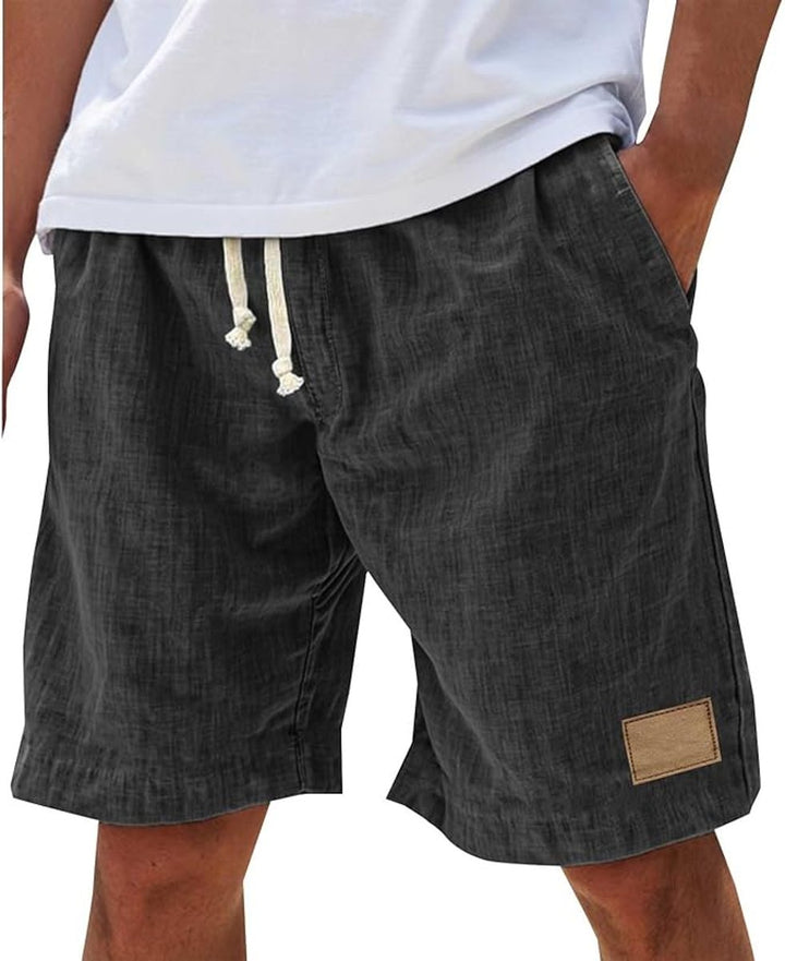 Herren Leinen-Shorts mit elastischem Kordelzug-Bund - Schwarz