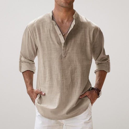 Herren Leinen Sommer Langarmhemd Entspannte Passform - Khaki
