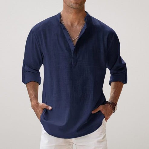 Herren Leinen Sommer Langarmhemd Entspannte Passform - Navy