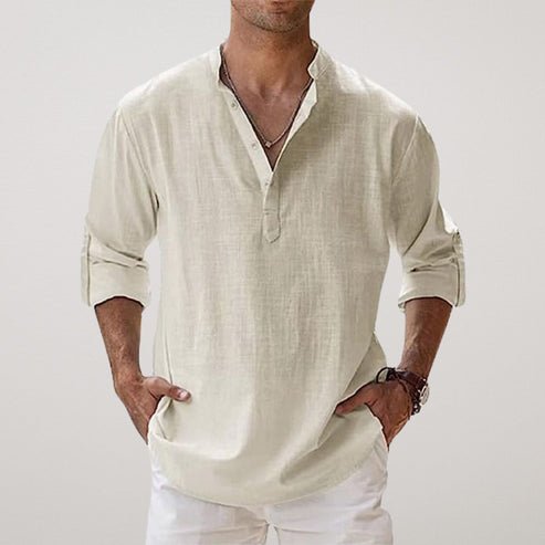 Herren Leinen Sommer Langarmhemd Entspannte Passform - Beige