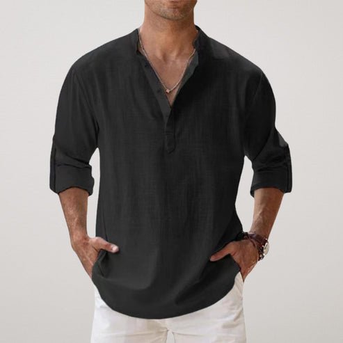 Herren Leinen Sommer Langarmhemd Entspannte Passform - Black