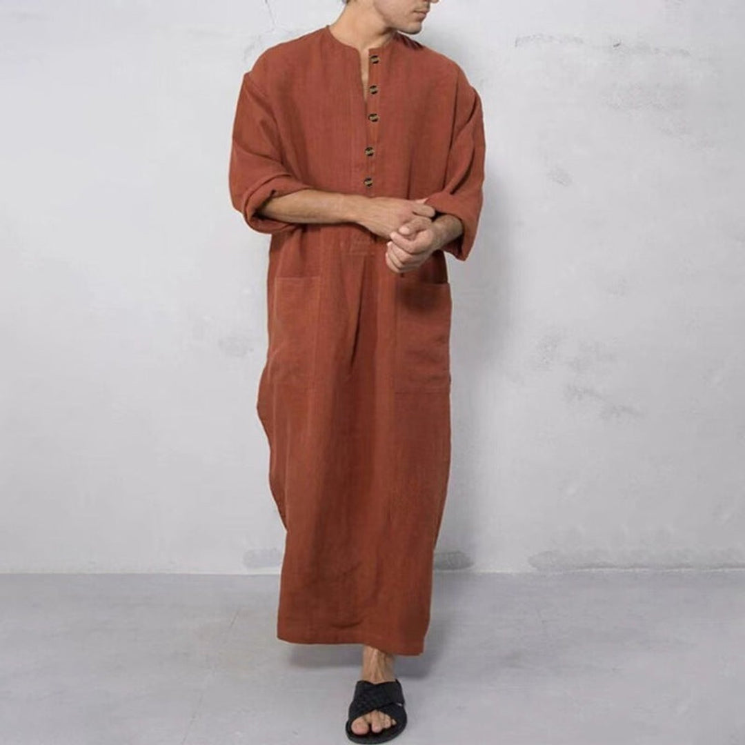 Herren Leinen Tunika Kaftan bodenlang weiter Schnitt Stehkragen Knopfblende