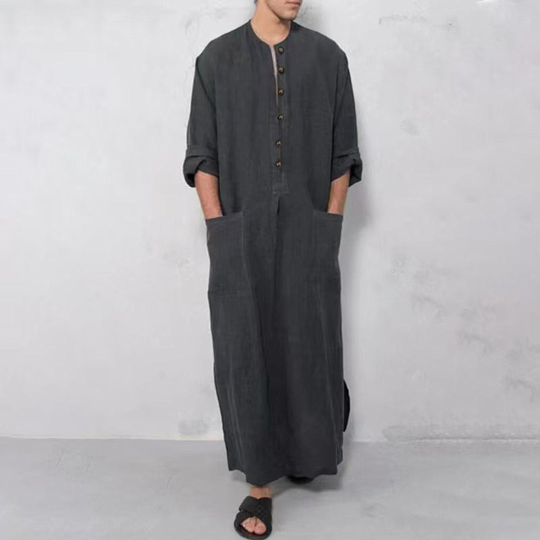 Herren Leinen Tunika Kaftan bodenlang weiter Schnitt Stehkragen Knopfblende