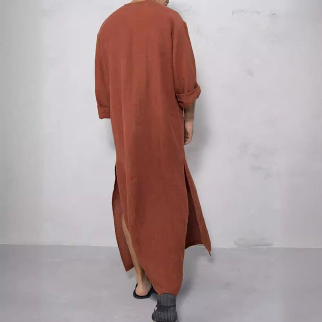Herren Leinen Tunika Kaftan bodenlang weiter Schnitt Stehkragen Knopfblende