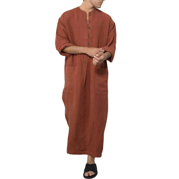 Herren Leinen Tunika Kaftan bodenlang weiter Schnitt Stehkragen Knopfblende - Braun