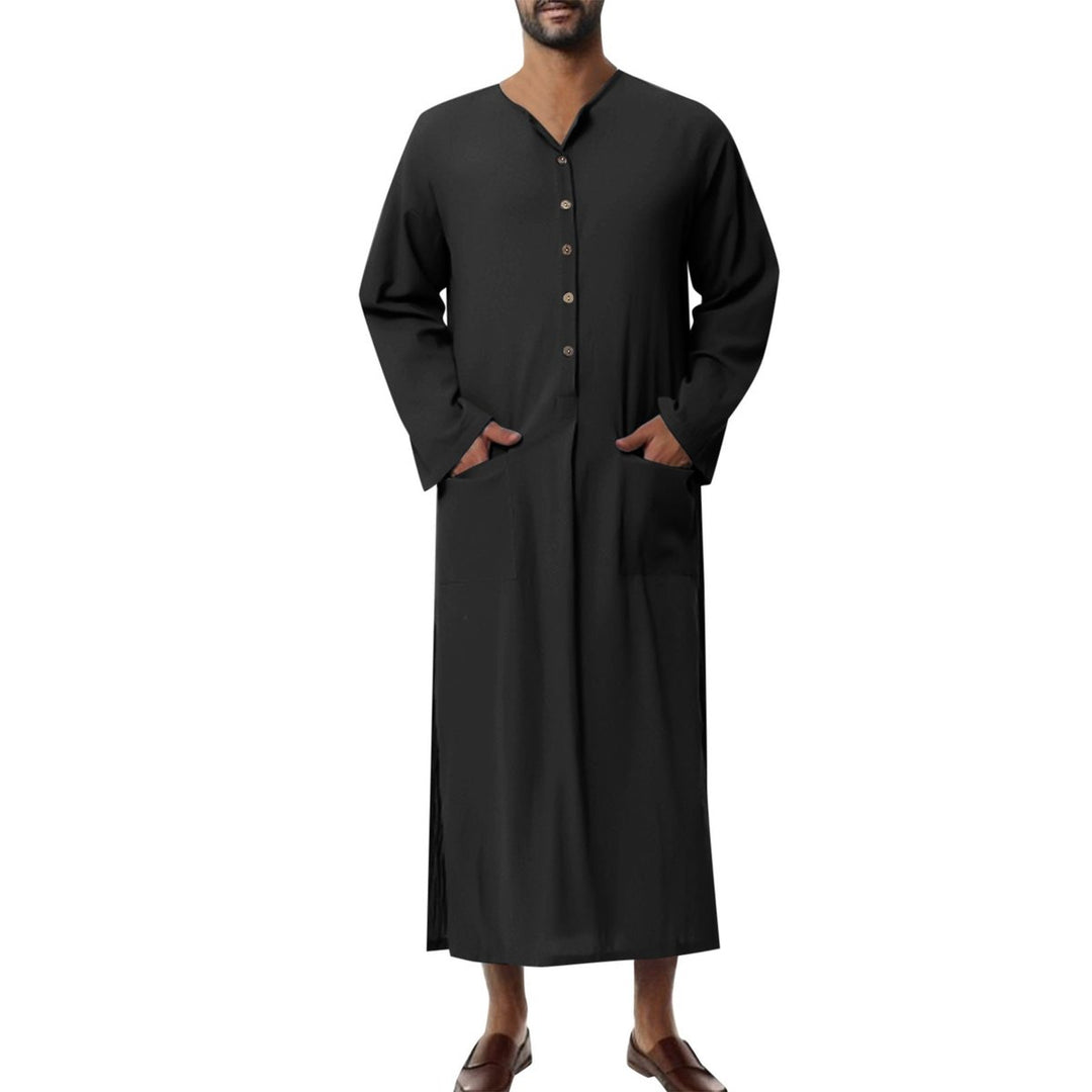 Herren Leinen Tunika Kaftan bodenlang weiter Schnitt Stehkragen Knopfblende - Schwarz
