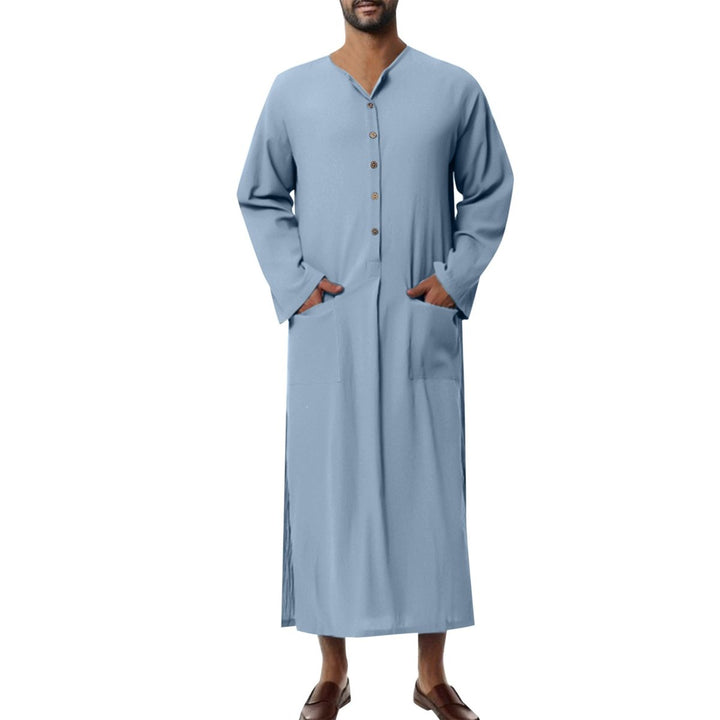 Herren Leinen Tunika Kaftan bodenlang weiter Schnitt Stehkragen Knopfblende - Hellblau
