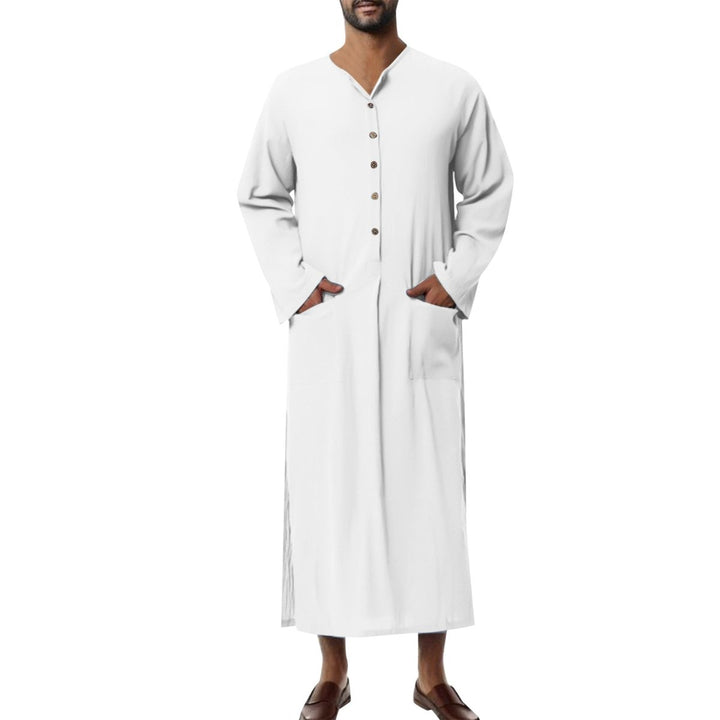 Herren Leinen Tunika Kaftan bodenlang weiter Schnitt Stehkragen Knopfblende - Weiß