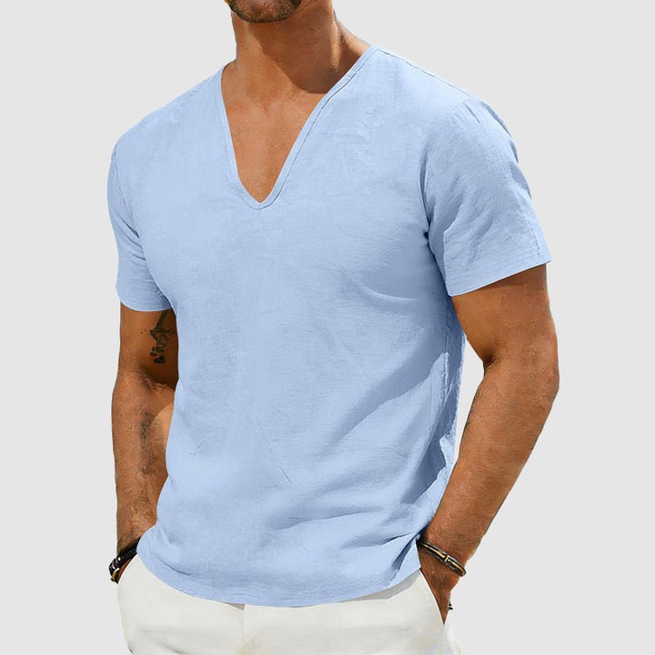 Herren Leinen V-Ausschnitt Kurzarm T-Shirt - Blue