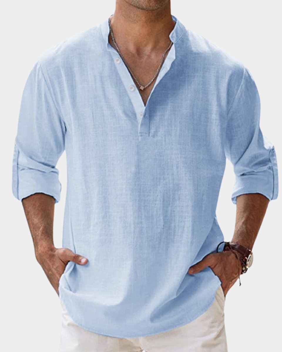 Herren Leinenhemd Langarm Henley-Kragen Freizeithemd - Hellblau