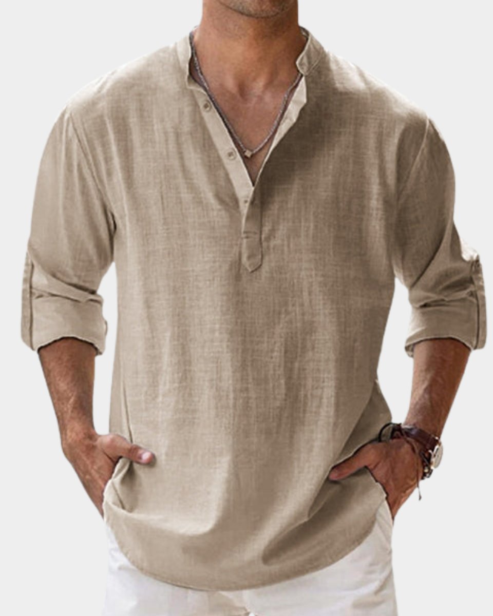 Herren Leinenhemd Langarm Henley-Kragen Freizeithemd - Khaki