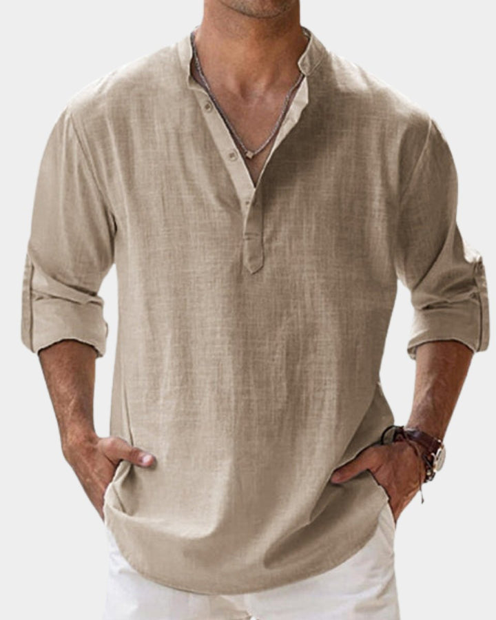 Herren Leinenhemd Langarm Henley-Kragen Freizeithemd - Khaki