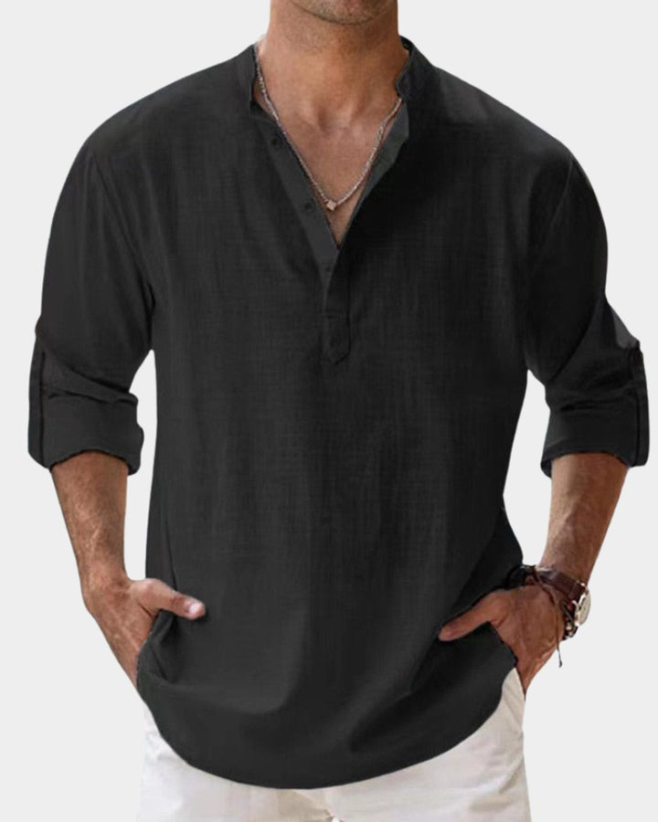 Herren Leinenhemd Langarm Henley-Kragen Freizeithemd - Schwarz