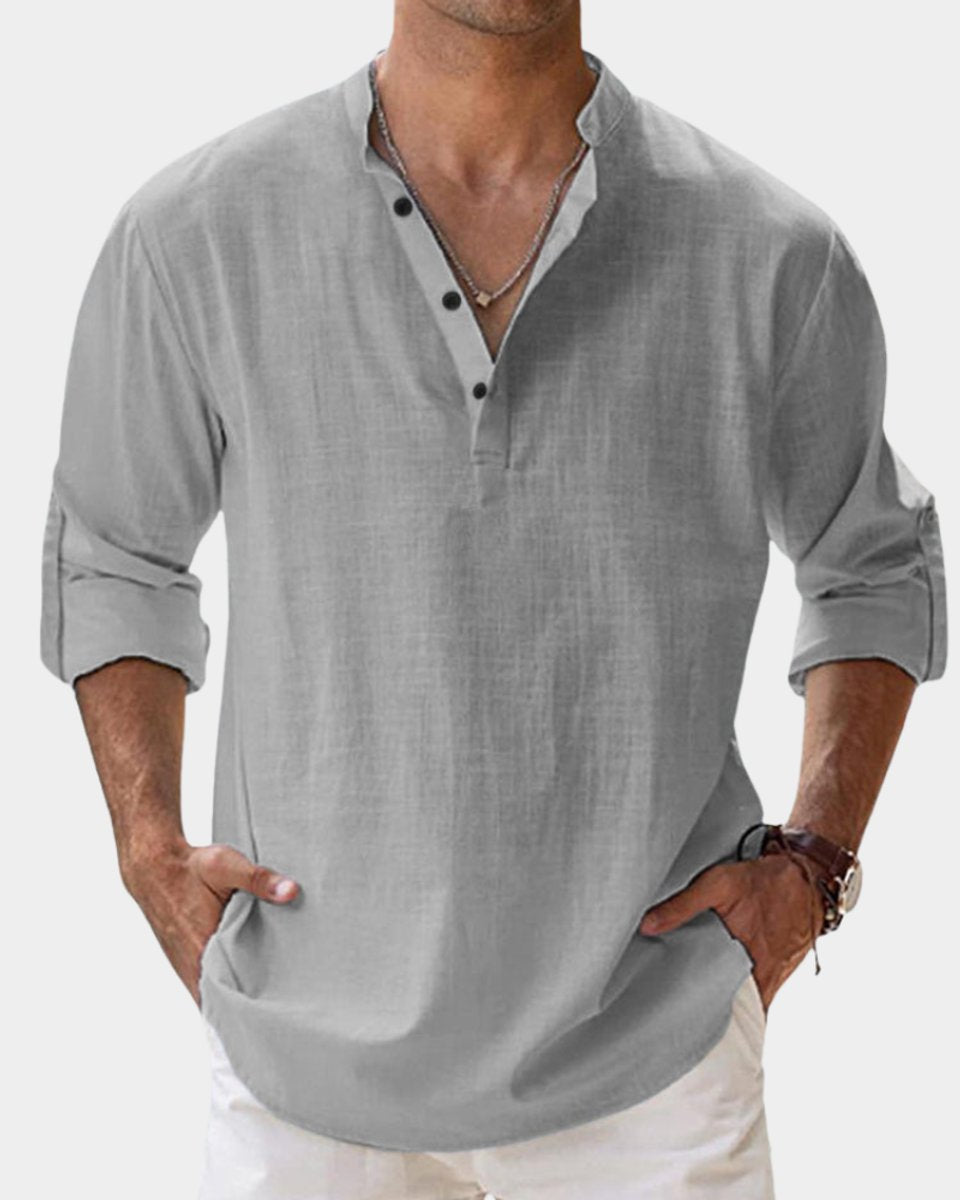 Herren Leinenhemd Langarm Henley-Kragen Freizeithemd - Grau