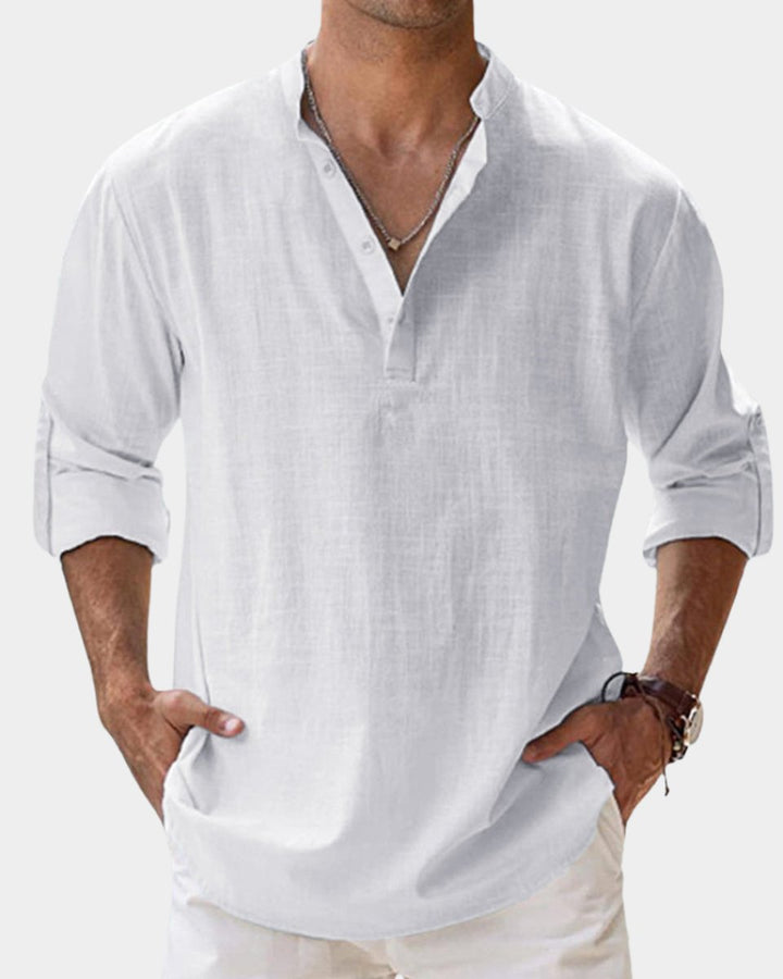 Herren Leinenhemd Langarm Henley-Kragen Freizeithemd - Weiß