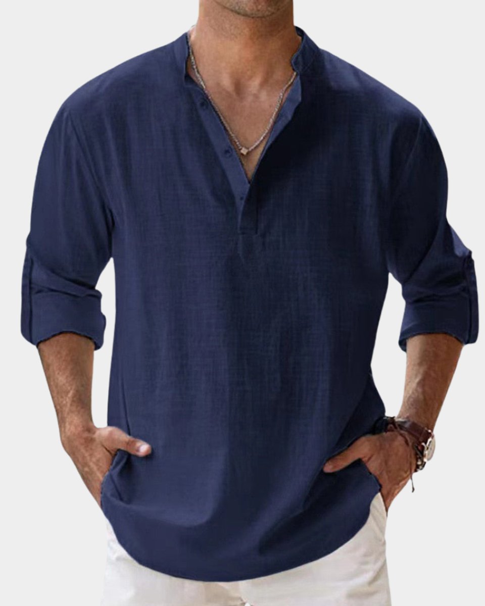 Herren Leinenhemd Langarm Henley-Kragen Freizeithemd - Blau