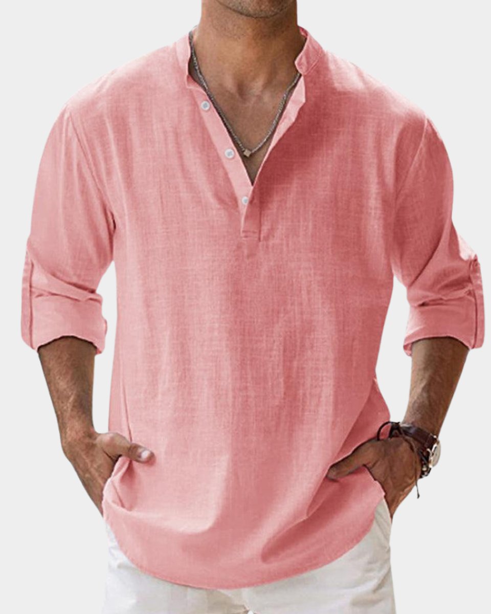 Herren Leinenhemd Langarm Henley-Kragen Freizeithemd - Wassermelonenrot