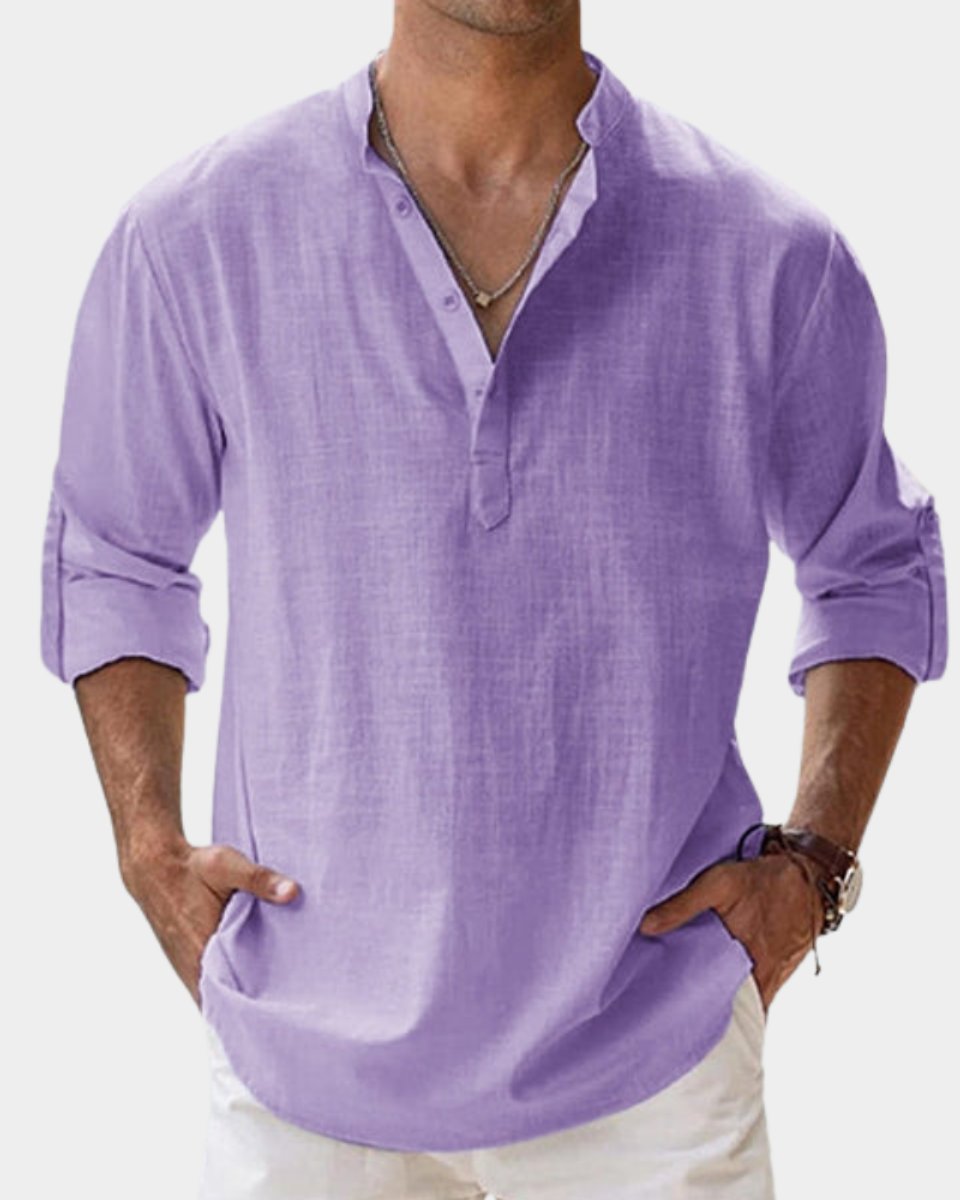 Herren Leinenhemd Langarm Henley-Kragen Freizeithemd - Violett