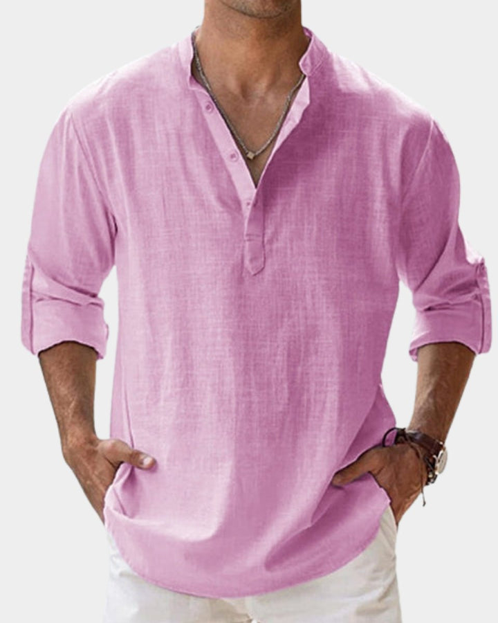 Herren Leinenhemd Langarm Henley-Kragen Freizeithemd - Hellrosa