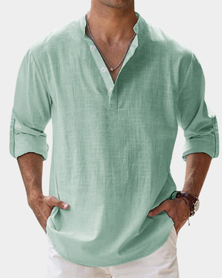 Herren Leinenhemd Langarm Henley-Kragen Freizeithemd - Grün