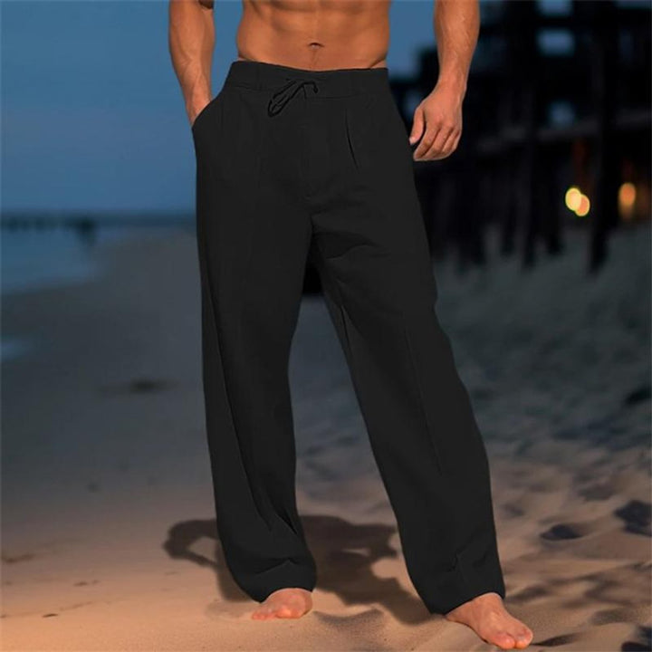 Herren Leinenhose Weites Bein Kordelzug Freizeithose - Schwarz