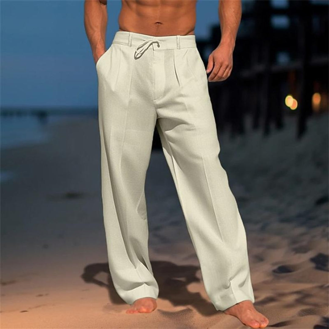 Herren Leinenhose Weites Bein Kordelzug Freizeithose - Khaki