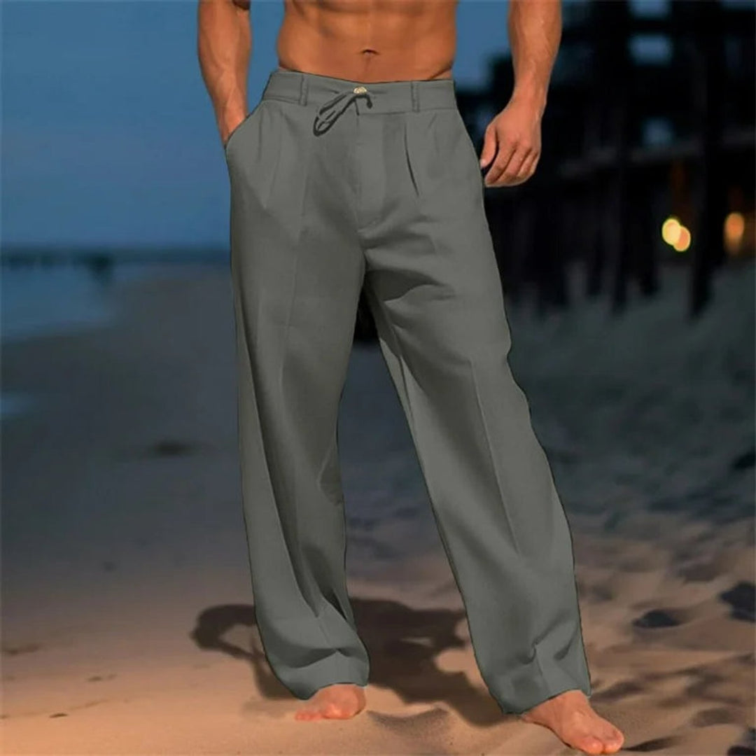 Herren Leinenhose Weites Bein Kordelzug Freizeithose - Grau