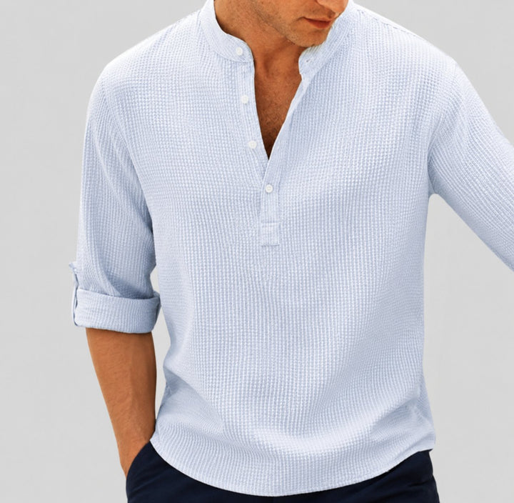 Herren Leinhemd Langarm Stehkragen Henley Gestreift - Blau