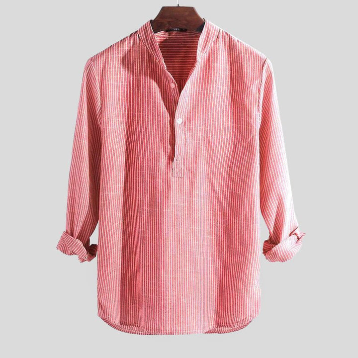 Herren Leinhemd Langarm Stehkragen Henley Gestreift - Rot