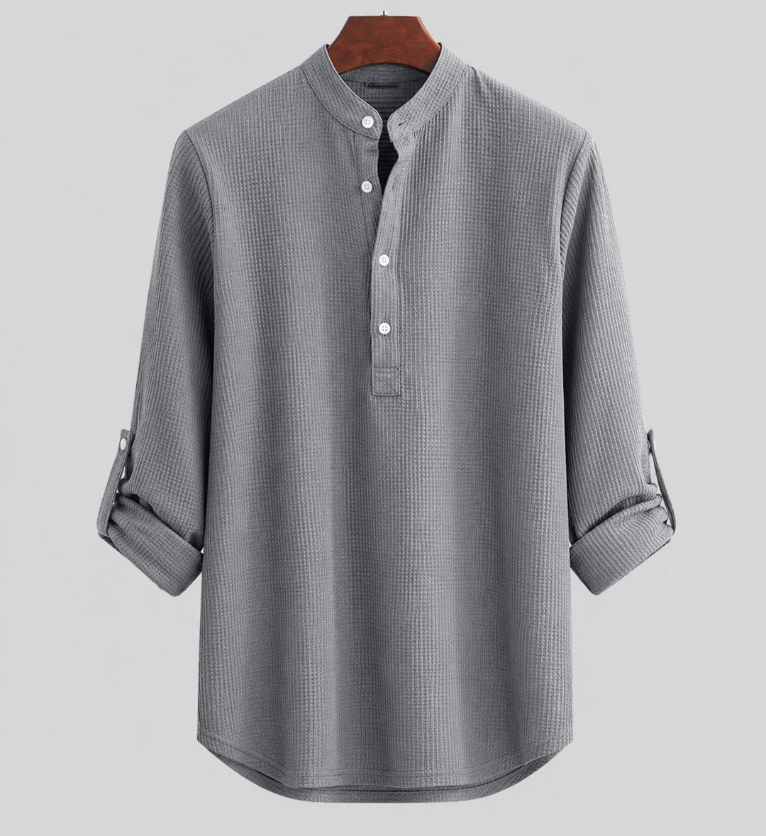 Herren Leinhemd Langarm Stehkragen Henley Gestreift - Schwarz