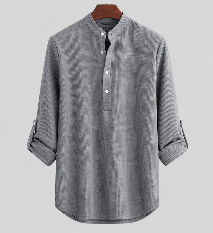 Herren Leinhemd Langarm Stehkragen Henley Gestreift - Schwarz