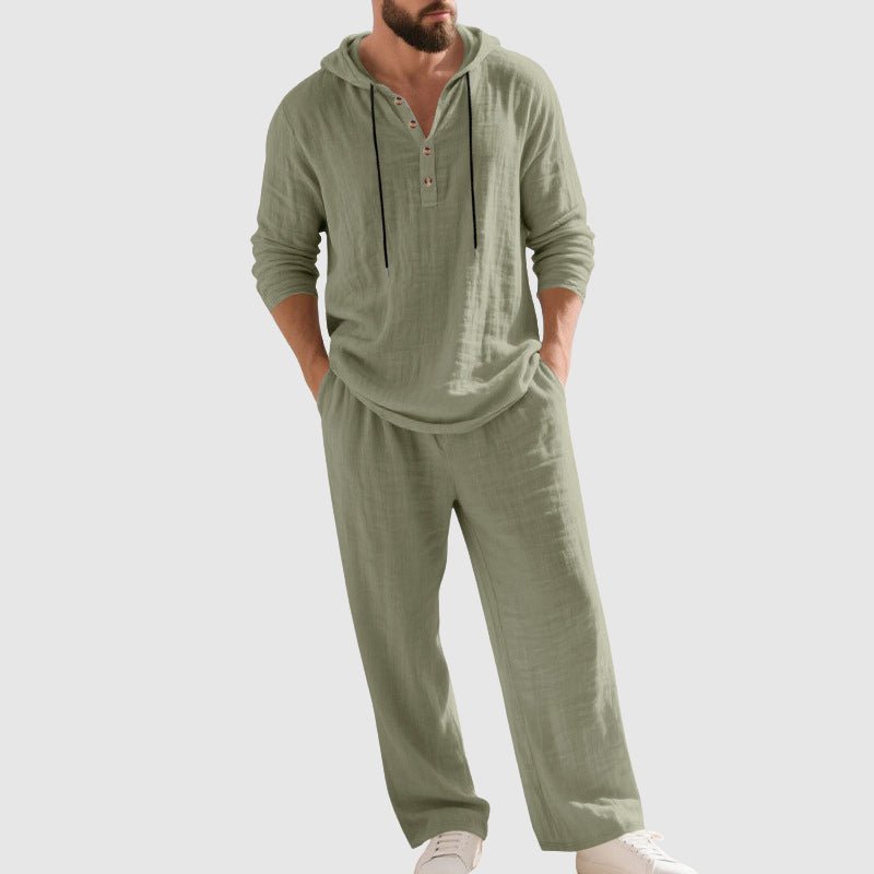 Herren Linen Hoodie Henley Zweiteiliges Freizeitset - Green