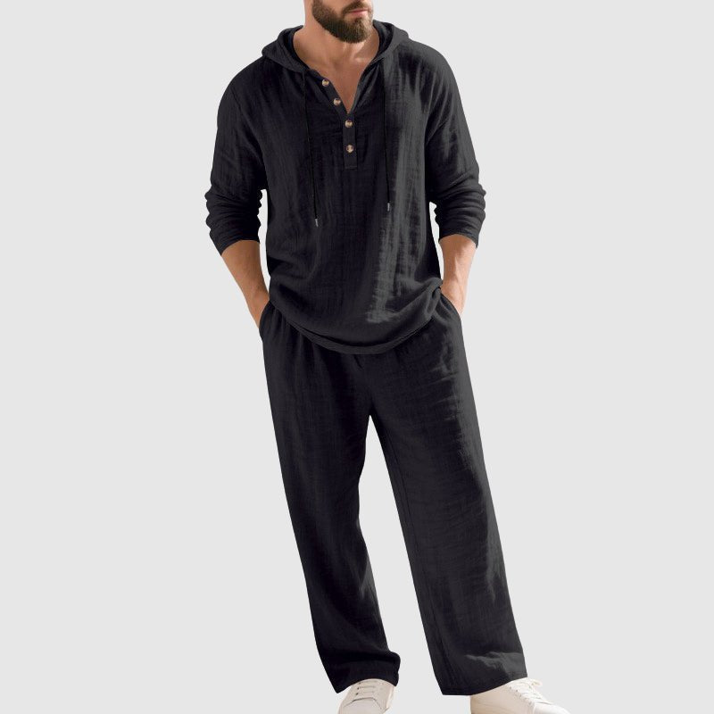 Herren Linen Hoodie Henley Zweiteiliges Freizeitset - Black