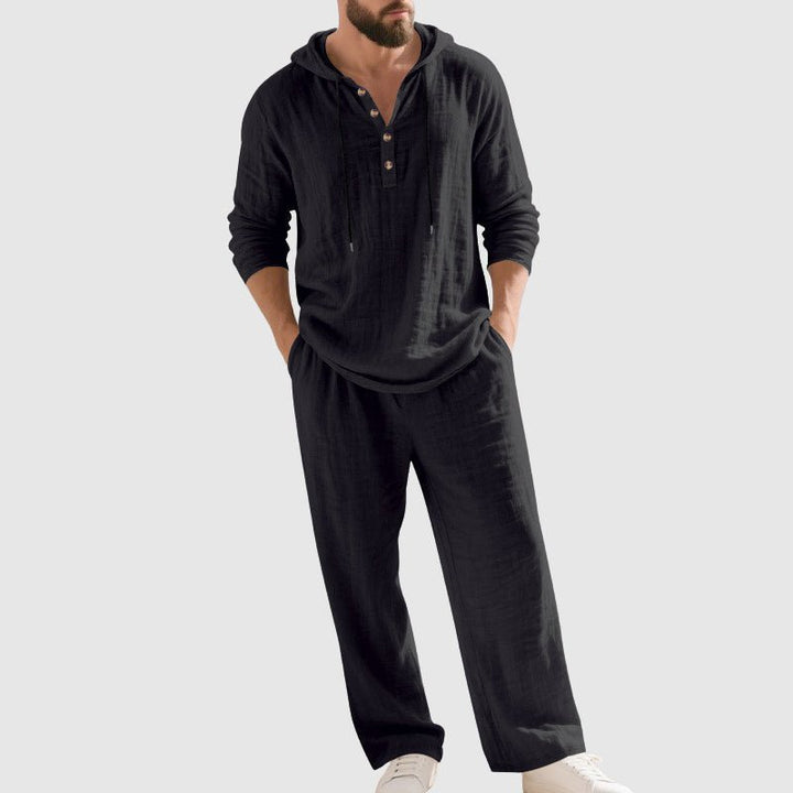 Herren Linen Hoodie Henley Zweiteiliges Freizeitset - Black