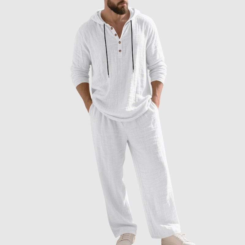 Herren Linen Hoodie Henley Zweiteiliges Freizeitset - White