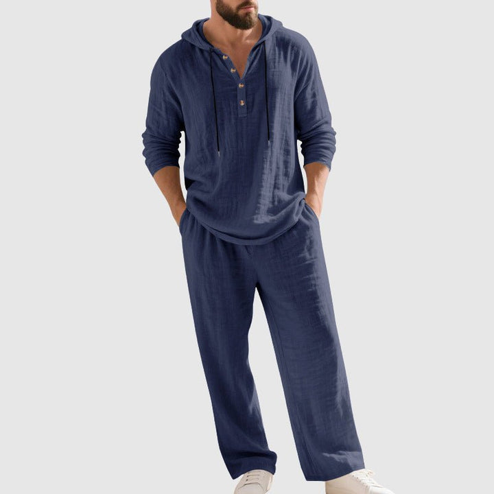 Herren Linen Hoodie Henley Zweiteiliges Freizeitset - Blue