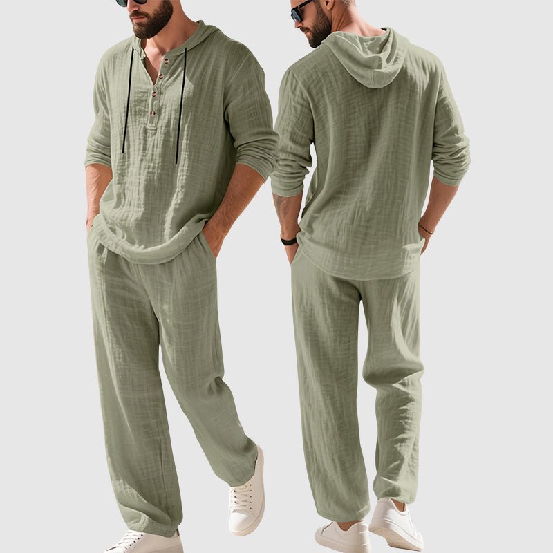 Herren Linen Hoodie Henley Zweiteiliges Freizeitset