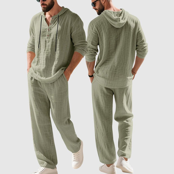 Herren Linen Hoodie Henley Zweiteiliges Freizeitset