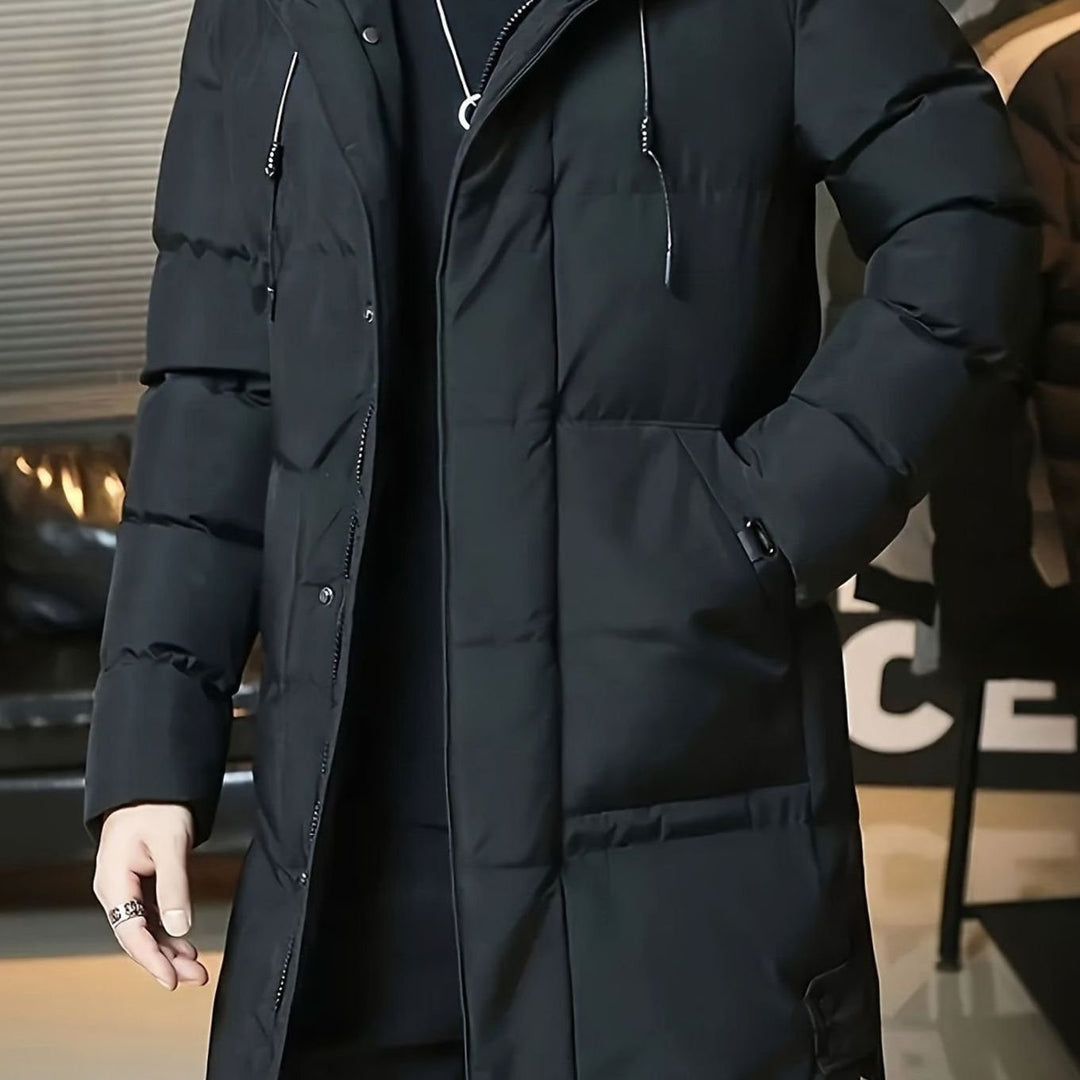Herren Longline Kapuzen-Pufferjacke Winddichte Winterjacke - Schwarz