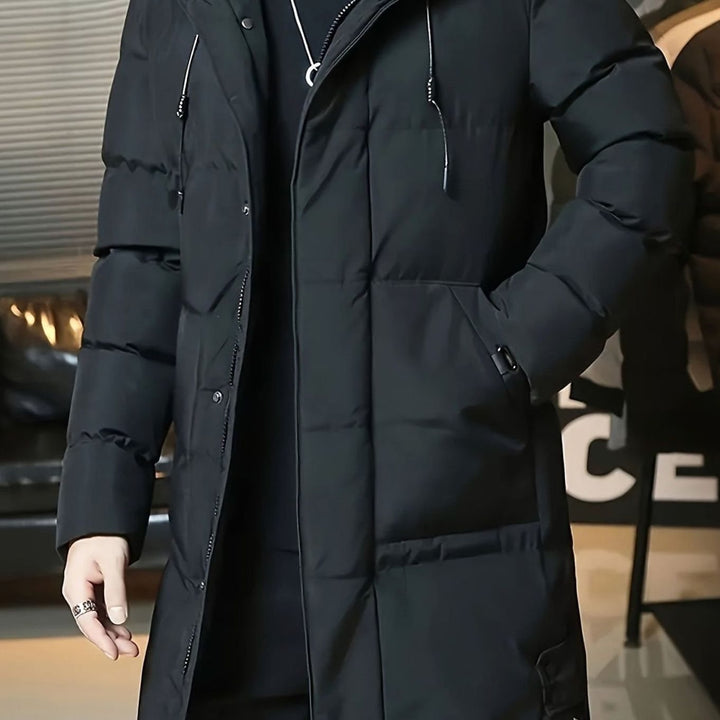 Herren Longline Kapuzen-Pufferjacke Winddichte Winterjacke - Schwarz